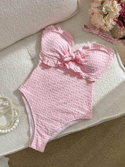 Swim Mod ملابس شاطئ أنيقة وجميلة للنساء، بدلة سباحة قطعة واحدة ذات قصة مودرن مع كشكشة وياقة حلقية، مصنوعة من قماش خاص مربعات، مناسبة للمنتجعات والحفلات والقوارب، للربيع والصيف