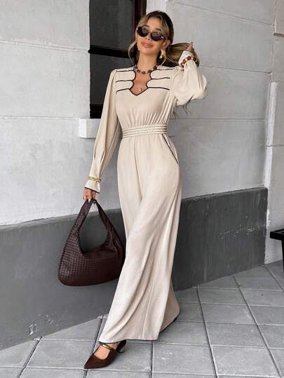 SHEIN Frenchy ملابس خريفية للنساء 2025 جديدة أنيقة موحد اللون كتان أكمام طويلة كاجوال رقبة على شكل V تباين اللون بسيطة أكمام طويلة جمبسوت، للارتداء اليومي، مكتب التنقل العمل الملابس الشارع، مناسبة لحفلة الزفاف التخرج، طراز كلاسيكي أنيق أسلوب المال القديم