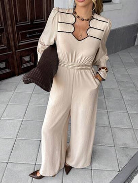 SHEIN Frenchy ملابس خريفية للنساء 2025 جديدة أنيقة موحد اللون كتان أكمام طويلة كاجوال رقبة على شكل V تباين اللون بسيطة أكمام طويلة جمبسوت، للارتداء اليومي، مكتب التنقل العمل الملابس الشارع، مناسبة لحفلة الزفاف التخرج، طراز كلاسيكي أنيق أسلوب المال القديم