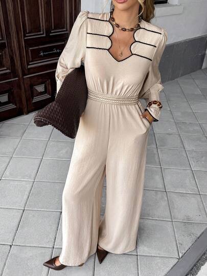SHEIN Frenchy ملابس خريفية للنساء 2025 جديدة أنيقة موحد اللون كتان أكمام طويلة كاجوال رقبة على شكل V تباين اللون بسيطة أكمام طويلة جمبسوت، للارتداء اليومي، مكتب التنقل العمل الملابس الشارع، مناسبة لحفلة الزفاف التخرج، طراز كلاسيكي أنيق أسلوب المال القديم