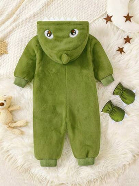 SHEIN Playful Pals طقم بيجاما لطفل صبي مكون من جمبسوت طويلة الأكمام مزودة بقبعة وقفازات، مصنوعة من قماش الفلانيل المزخرف بنقشة وحش أبيض على خلفية خضراء، قطعتان