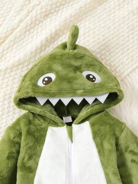 SHEIN Playful Pals طقم بيجاما لطفل صبي مكون من جمبسوت طويلة الأكمام مزودة بقبعة وقفازات، مصنوعة من قماش الفلانيل المزخرف بنقشة وحش أبيض على خلفية خضراء، قطعتان