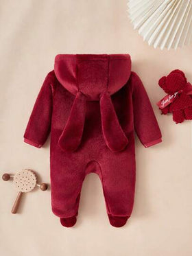 SHEIN بيجامات للبنات الصغار، أرنب بوردوني لطيف ناعم مطرز بعيون رموش وتصميم أذن مرن، رومبير نوم طويلة الأكمام مزودة بقبعة