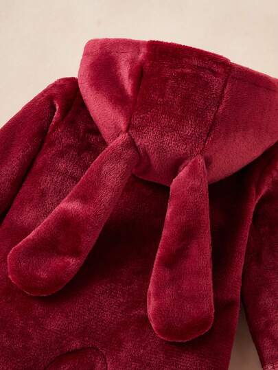 SHEIN بيجامات للبنات الصغار، أرنب بوردوني لطيف ناعم مطرز بعيون رموش وتصميم أذن مرن، رومبير نوم طويلة الأكمام مزودة بقبعة