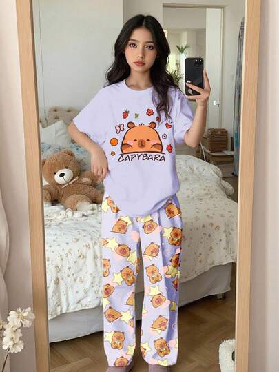 SHEIN Leap Crew طقم بيجامة قصير الأكمام بطبعة كابيبارا لفتيات المراهقات، ملابس علوية طاقم وبنطلون مناسب للصيف