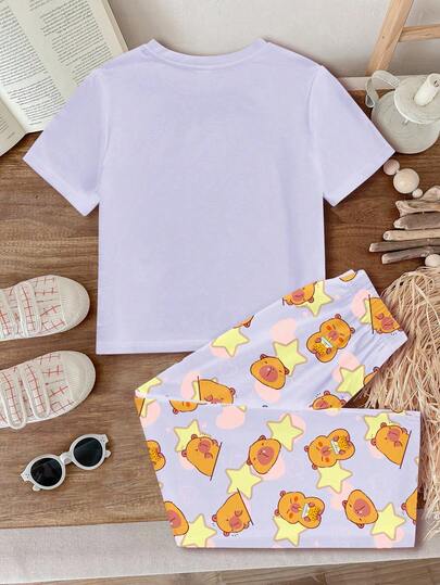 SHEIN Leap Crew طقم بيجامة قصير الأكمام بطبعة كابيبارا لفتيات المراهقات، ملابس علوية طاقم وبنطلون مناسب للصيف