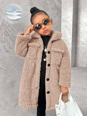 SHEIN معطف جاكيت طويلة الأكمام بياقة متوسطة من الفليس المرجاني، مناسب للشتاء