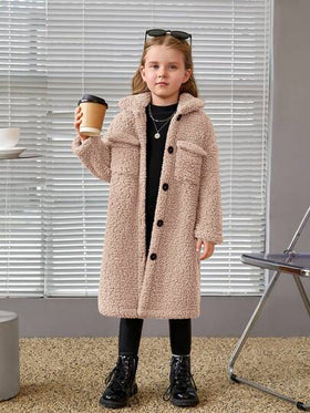 SHEIN معطف جاكيت طويلة الأكمام بياقة متوسطة من الفليس المرجاني، مناسب للشتاء