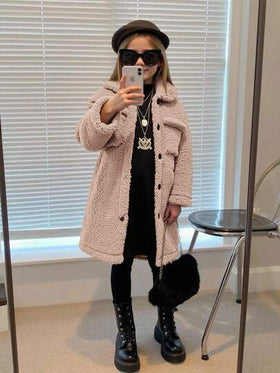 SHEIN معطف جاكيت طويلة الأكمام بياقة متوسطة من الفليس المرجاني، مناسب للشتاء
