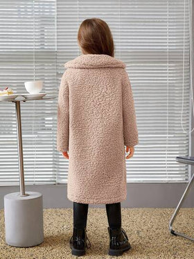 SHEIN معطف جاكيت طويلة الأكمام بياقة متوسطة من الفليس المرجاني، مناسب للشتاء