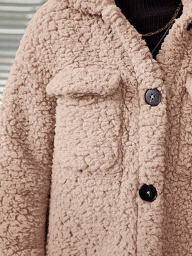 SHEIN معطف جاكيت طويلة الأكمام بياقة متوسطة من الفليس المرجاني، مناسب للشتاء