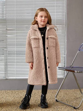 SHEIN معطف جاكيت طويلة الأكمام بياقة متوسطة من الفليس المرجاني، مناسب للشتاء