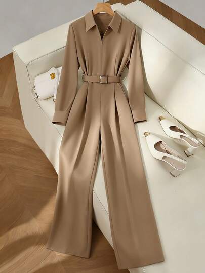 SHEIN Franclia جمبسوت نسائية كاجوال متعددة الاستخدامات، بياقة قميص، أكمام طويلة، مربوطة بحزام، ساقين واسعتين، موسم الخريف