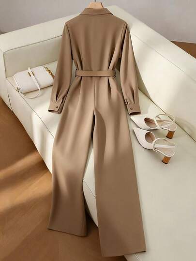 SHEIN Franclia جمبسوت نسائية كاجوال متعددة الاستخدامات، بياقة قميص، أكمام طويلة، مربوطة بحزام، ساقين واسعتين، موسم الخريف