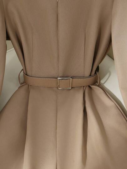 SHEIN Franclia جمبسوت نسائية كاجوال متعددة الاستخدامات، بياقة قميص، أكمام طويلة، مربوطة بحزام، ساقين واسعتين، موسم الخريف