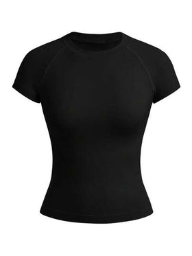 Gameset SHEIN Sport 3 طقم تيشيرت رياضي نسائي بأكمام قصيرة ربع طول بياقة طاقم، بدون خياطة، بألوان سادة