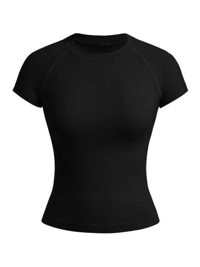 Gameset SHEIN Sport 3 طقم تيشيرت رياضي نسائي بأكمام قصيرة ربع طول بياقة طاقم، بدون خياطة، بألوان سادة
