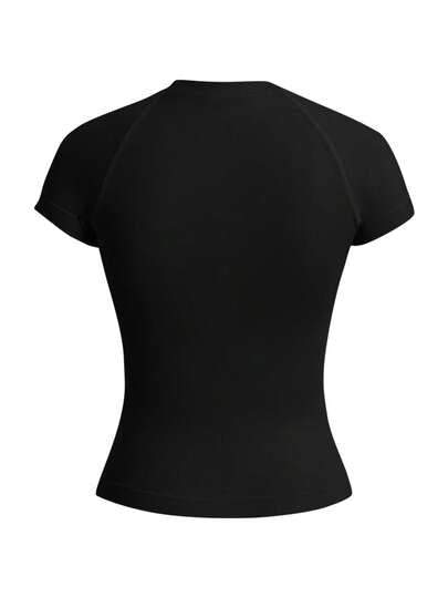 Gameset SHEIN Sport 3 طقم تيشيرت رياضي نسائي بأكمام قصيرة ربع طول بياقة طاقم، بدون خياطة، بألوان سادة