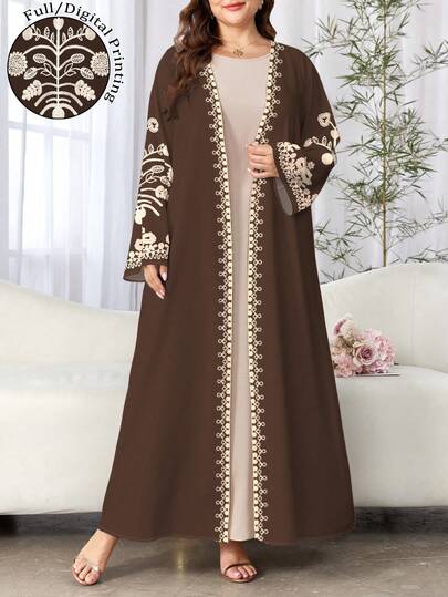 SHEIN Najma عباية نسائية كاجوال بأكمام طويلة وطبعات زهرية، مناسبة للربيع والخريف، مقاسات كبيرة