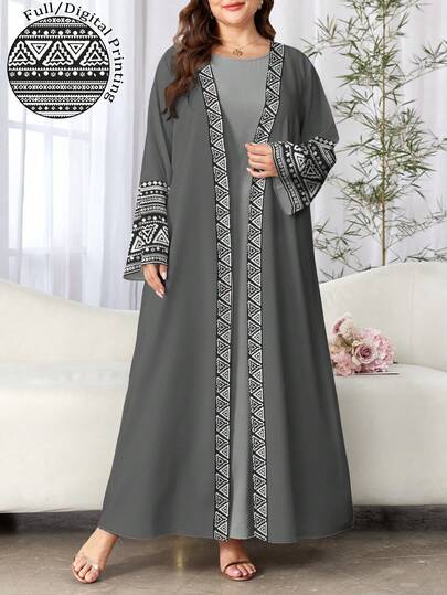 SHEIN Najma عباءة أنيقة للنساء بطبعات هندسية وزهرية طويلة الأكمام، كاجوال، للربيع والخريف