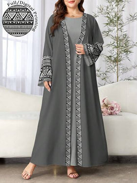 SHEIN Najma عباءة أنيقة للنساء بطبعات هندسية وزهرية طويلة الأكمام، كاجوال، للربيع والخريف