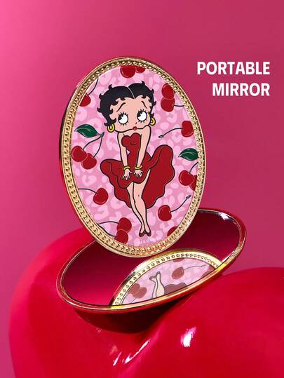 Betty Boop x SHEIN مرآة يدوية أنيقة وجميلة من سبيكة الزنك بشكل بيضاوي، مرآة مكياج مدمجة للنساء، مرآة أحمر الشفاه، مرآة تفصيلية مزينة بطباعة الكرز، مناسبة لوضع أحمر الشفاه والمكياج. مرآة تجميل مدمجة عالية الدقة، مرآة جيب، مرآة صغيرة، أفكار هدايا، حفلات، عي