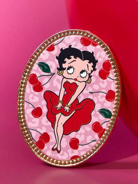 Betty Boop x SHEIN مرآة يدوية أنيقة وجميلة من سبيكة الزنك بشكل بيضاوي، مرآة مكياج مدمجة للنساء، مرآة أحمر الشفاه، مرآة تفصيلية مزينة بطباعة الكرز، مناسبة لوضع أحمر الشفاه والمكياج. مرآة تجميل مدمجة عالية الدقة، مرآة جيب، مرآة صغيرة، أفكار هدايا، حفلات، عي