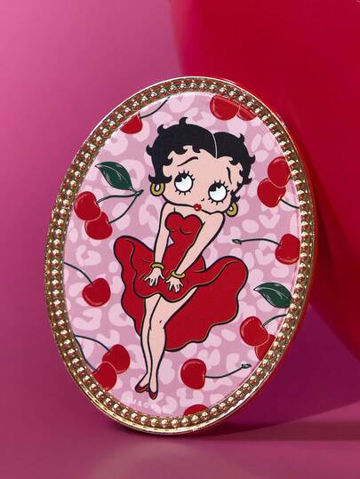 Betty Boop x SHEIN مرآة يدوية أنيقة وجميلة من سبيكة الزنك بشكل بيضاوي، مرآة مكياج مدمجة للنساء، مرآة أحمر الشفاه، مرآة تفصيلية مزينة بطباعة الكرز، مناسبة لوضع أحمر الشفاه والمكياج. مرآة تجميل مدمجة عالية الدقة، مرآة جيب، مرآة صغيرة، أفكار هدايا، حفلات، عي
