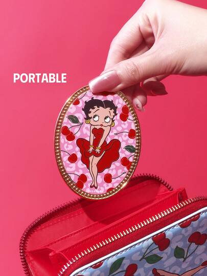 Betty Boop x SHEIN مرآة يدوية أنيقة وجميلة من سبيكة الزنك بشكل بيضاوي، مرآة مكياج مدمجة للنساء، مرآة أحمر الشفاه، مرآة تفصيلية مزينة بطباعة الكرز، مناسبة لوضع أحمر الشفاه والمكياج. مرآة تجميل مدمجة عالية الدقة، مرآة جيب، مرآة صغيرة، أفكار هدايا، حفلات، عي