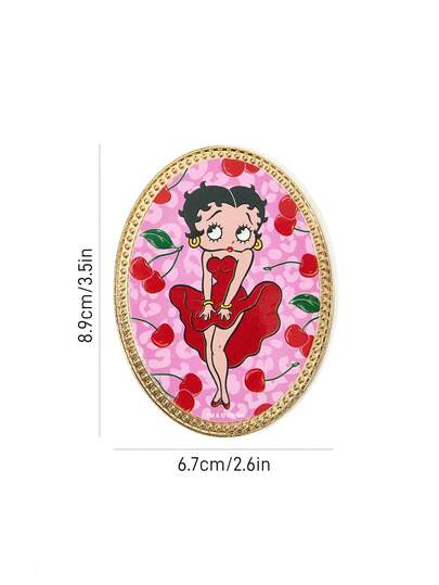 Betty Boop x SHEIN مرآة يدوية أنيقة وجميلة من سبيكة الزنك بشكل بيضاوي، مرآة مكياج مدمجة للنساء، مرآة أحمر الشفاه، مرآة تفصيلية مزينة بطباعة الكرز، مناسبة لوضع أحمر الشفاه والمكياج. مرآة تجميل مدمجة عالية الدقة، مرآة جيب، مرآة صغيرة، أفكار هدايا، حفلات، عي