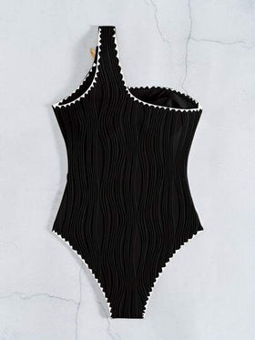 Swim Basics بذلة سباحة نسائية قطعة واحدة ذات كتف مكشوف، مزينة بالكشكشة والنجوم البحرية ذات قصة مناسبة، مناسبة للعطلات الشاطئية