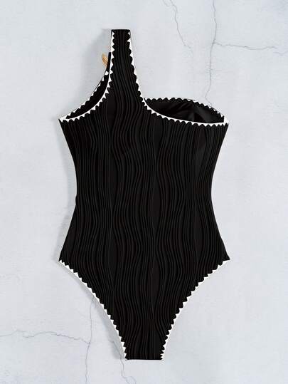 Swim Basics بذلة سباحة نسائية قطعة واحدة ذات كتف مكشوف، مزينة بالكشكشة والنجوم البحرية ذات قصة مناسبة، مناسبة للعطلات الشاطئية