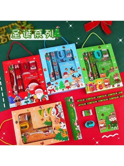 1 قطعة مجموعة قرطاسية عيد الميلاد محمولة باليد 6 قطع، صندوق هدايا للمدرسة الابتدائية، هدايا صغيرة لعيد الميلاد للأطفال، جوائز تعليمية، روضة الأطفال تشمل 2 قلم رصاص، 1 مبراة، 1 ممحاة، 1 دفتر، مسطرة 15 سم