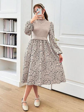 SHEIN فستان بأكمام منفوشة مزخرف بالكامل للبنات المراهقات للصيف والخريف، مناسب للارتداء اليومي والمدرسي في الصيف والخريف، متناسق مع الأم والابنة والأخوات