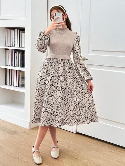 SHEIN فستان بأكمام منفوشة مزخرف بالكامل للبنات المراهقات للصيف والخريف، مناسب للارتداء اليومي والمدرسي في الصيف والخريف، متناسق مع الأم والابنة والأخوات