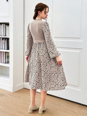 SHEIN فستان بأكمام منفوشة مزخرف بالكامل للبنات المراهقات للصيف والخريف، مناسب للارتداء اليومي والمدرسي في الصيف والخريف، متناسق مع الأم والابنة والأخوات
