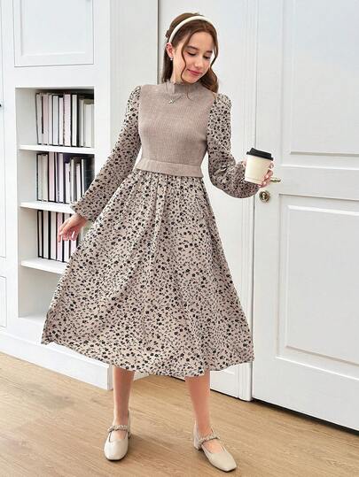 SHEIN فستان بأكمام منفوشة مزخرف بالكامل للبنات المراهقات للصيف والخريف، مناسب للارتداء اليومي والمدرسي في الصيف والخريف، متناسق مع الأم والابنة والأخوات