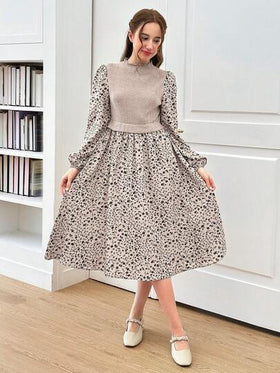 SHEIN فستان بأكمام منفوشة مزخرف بالكامل للبنات المراهقات للصيف والخريف، مناسب للارتداء اليومي والمدرسي في الصيف والخريف، متناسق مع الأم والابنة والأخوات