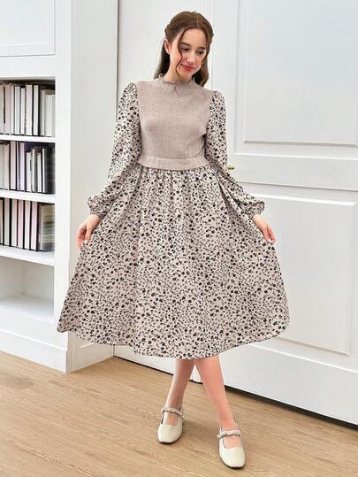 SHEIN فستان بأكمام منفوشة مزخرف بالكامل للبنات المراهقات للصيف والخريف، مناسب للارتداء اليومي والمدرسي في الصيف والخريف، متناسق مع الأم والابنة والأخوات