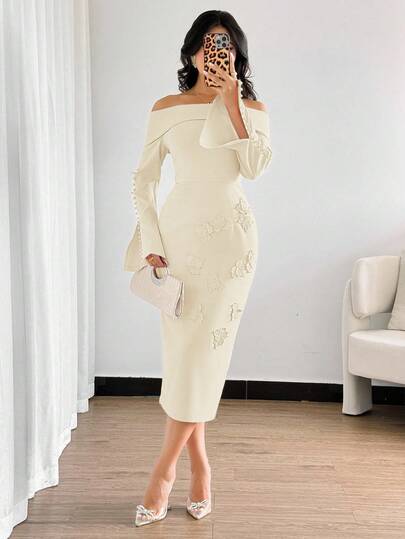 Modelyn فستان أنيق متوسط الطول مطرز بتطريز على الكتف مع أكمام طويلة