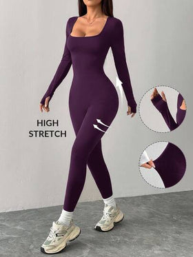 SHEIN PETITE جمبسوت رياضية كاجوال محبوكة بياقة مربعة ضيقة للرياضة واليوغا