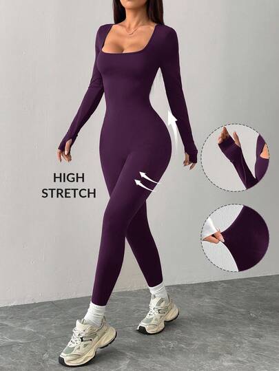 SHEIN PETITE جمبسوت رياضية كاجوال محبوكة بياقة مربعة ضيقة للرياضة واليوغا