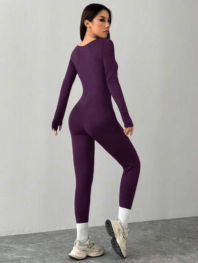 SHEIN PETITE جمبسوت رياضية كاجوال محبوكة بياقة مربعة ضيقة للرياضة واليوغا