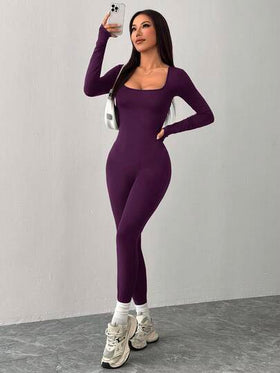 SHEIN PETITE جمبسوت رياضية كاجوال محبوكة بياقة مربعة ضيقة للرياضة واليوغا