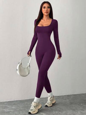 SHEIN PETITE جمبسوت رياضية كاجوال محبوكة بياقة مربعة ضيقة للرياضة واليوغا