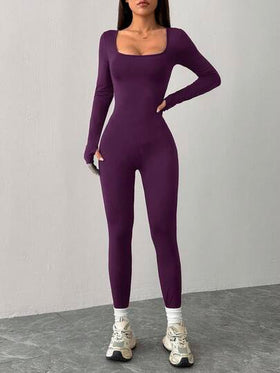 SHEIN PETITE جمبسوت رياضية كاجوال محبوكة بياقة مربعة ضيقة للرياضة واليوغا