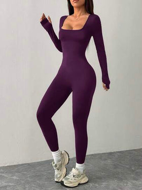 SHEIN PETITE جمبسوت رياضية كاجوال محبوكة بياقة مربعة ضيقة للرياضة واليوغا