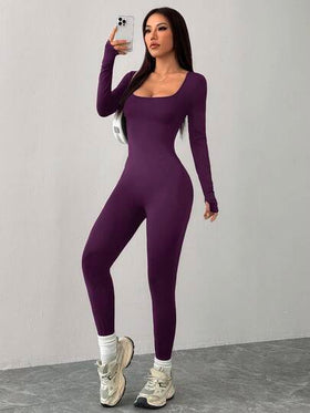 SHEIN PETITE جمبسوت رياضية كاجوال محبوكة بياقة مربعة ضيقة للرياضة واليوغا