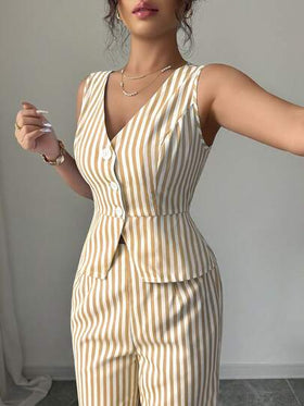 Selianne طقم ملابس علوية أكمام قصيرة وبنطلون ساق مستقيمة للنساء، مجموعة قطعتين، بتصميم مخطط أزرق وأبيض للاستخدام اليومي