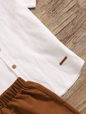 SHEIN طقم قميص بياقة واقفة وشورت للأولاد المراهقين، مصمم بألوان متباينة لموسم الصيف